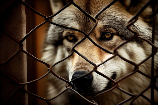 The wolf looks out of the cage into the wild. Generative AI
