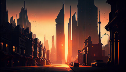 Obraz na płótnie Canvas A sunset in a huge futuristic city. Generative AI illustration.