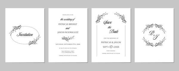 Fototapeta na wymiar Elegant wedding invitation Save the Date template with silhouette of branch with leaves. Botanical rustic trendy greenery