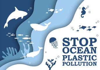 Fototapeta na wymiar Stop ocean plastic pollution banner design template in paper cut style. Marine life and fish float in sea. Seabed reef, whales in waves on coral reef. Ecological problem poster on blue background