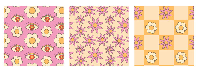 Retro groovy hippie seamless pattern set. Seamless abstract geometric pattern. Abstract floral background.