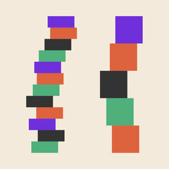 Brutalism design bright geometric shapes tower, pyramid. Vector illustration about building, team work, creative, playing