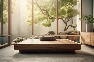 Close up of a vintage wooden table top or shelf, a zen like atmosphere, a minimalist modern bedroom with a large window overlooking a garden and swimming pool, white interior architecture. Generative - obrazy, fototapety, plakaty