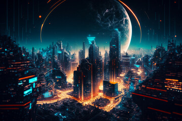 Futuristic city at night with bright lights and huge moon in the sky. Generative AI.