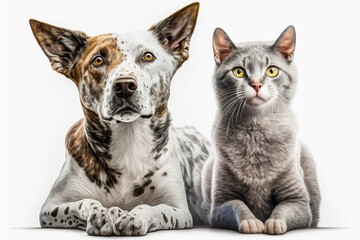 Cat and dog sitting next to each other in front of white background. Generative AI.