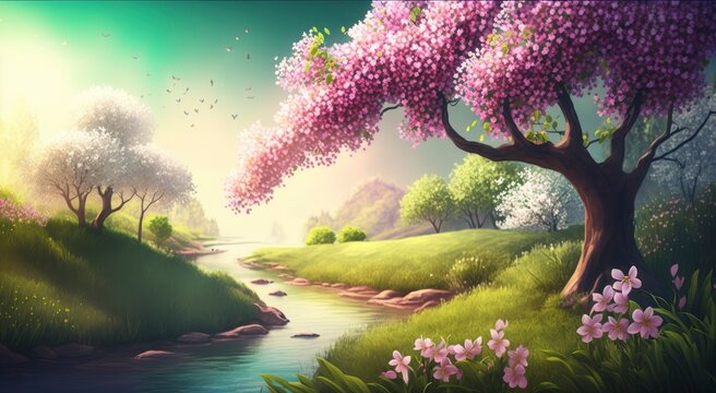 Beautiful pink spring background stylized as a picture from a fairy tale. Generative AI