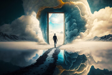 Man is walking out of open door into surreal sky filled with clouds. Generative AI. - obrazy, fototapety, plakaty
