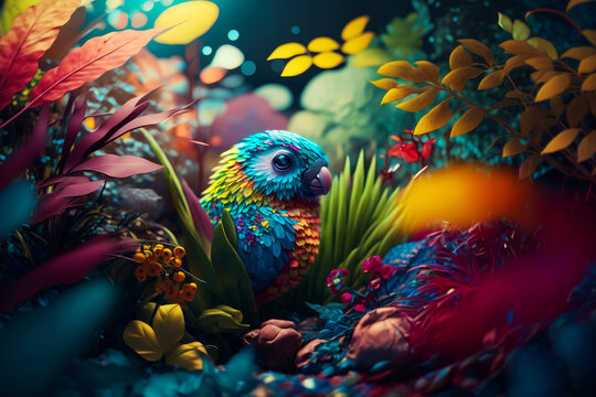 Colorful bird sitting on top of lush green forest filled with leaves and flowers. Generative AI.