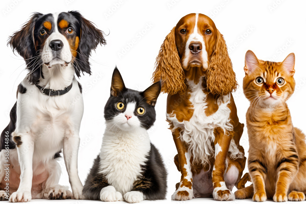 Canvas Prints Group of dogs and cats sitting next to each other in front of white background. Generative AI.