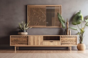 interior wall cabinet made of wood Tropical style living room mockup with a little plant in the center of the image to showcase the product. image. Generative AI
