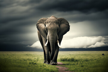 Elephant walking down dirt path in grassy field under dark sky with clouds. Generative AI.