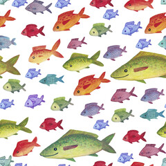 Seamless pattern with watercolor fishes on a white background.