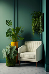 Chair and potted plant in room with green wall. Generative AI.