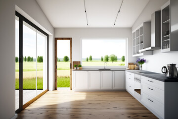 Large open kitchen with wooden floor and window overlooking field. Generative AI.