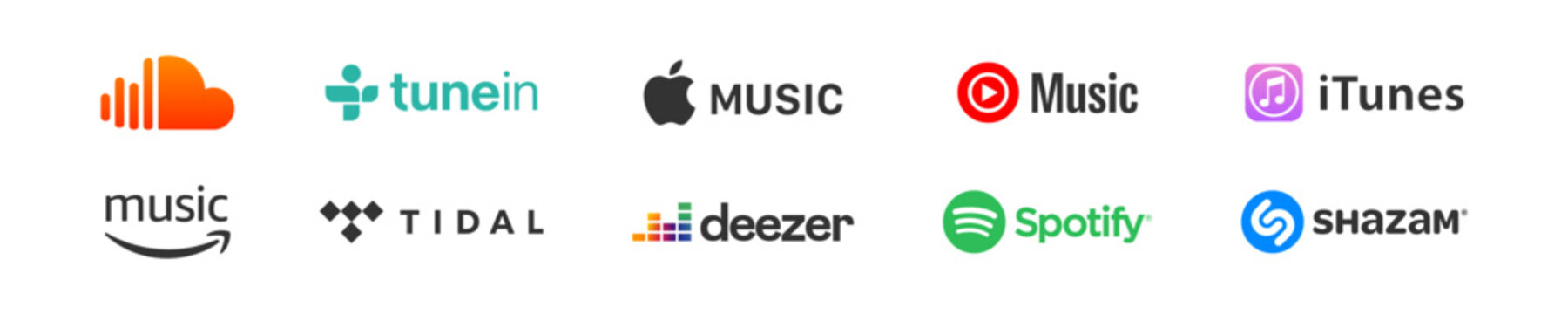 Top stream music servise company logo set. Amazon music, tunein, tidal, apple music, deezer, youtube music, spotify, itunes, shazam. Editorial logotype in vector flat style.