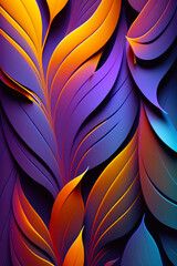 Close up of purple and orange background with pattern of leaves. Generative AI.