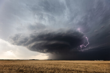 Storm clouds and lightning from a supercell thunderstorm