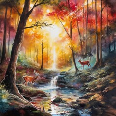 A vibrant forest with a waterfall cascading down the rocks, the sun rays peeking through the trees, and a family of deer drinking from the nearby river AI Generative
