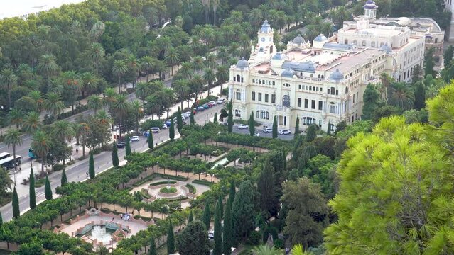 Malaga Park, Parque de Malaga and City hall, Ayuntamiento de Malaga from the Gibralfaro viewpoint in Malaga, capital of the Province of Malaga, in the autonomous community of Andalusia, Spain