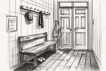 Concept for an interior architect and designer a hand drawn draft of a real life Scandinavian hallway. Coat rack with wooden bench. Farmhouse design,. Generative AI