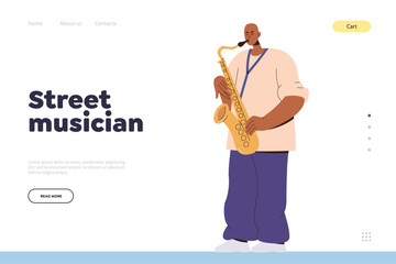 Landing page design template for promotion city street musician saxophonist live performance - obrazy, fototapety, plakaty