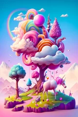 Keuken spatwand met foto unicorn standing in front of tree with rainbow in the sky. Generative AI. © valentyn640