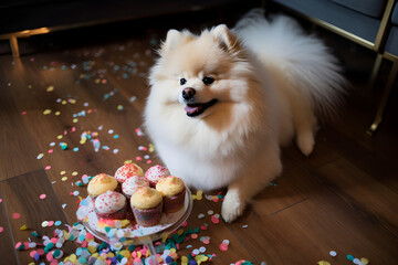 Fototapeta na wymiar dog's birthday party. confetti. Generative Ai