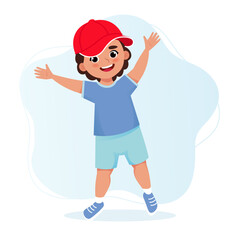 Cute jumping boy in a t-shirt and shorts. Vector illustration in cartoon flat style