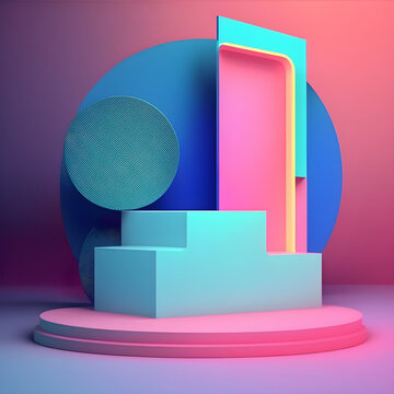 abstract scene neon color with geometry shape,platform for presentation podium. Generative Ai