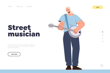 Street musician landing page with cartoon jazz woman playing banjo musical ethnic string instrument