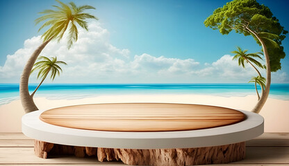 Obraz premium empty wooden table top product display showcase stage with tropical summer beach background