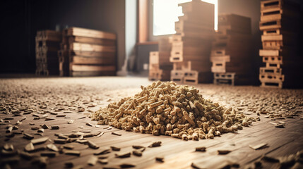 The compressed wood pellets stacked alongside the chopped firewood on the floor . Generative Ai