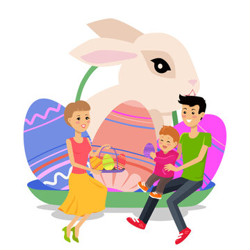 Easter family holiday banner. Happy smiling man, woman and child with painted eggs, rabbit and gifts. Religious people parents and kids together doing decorations for international spring holiday