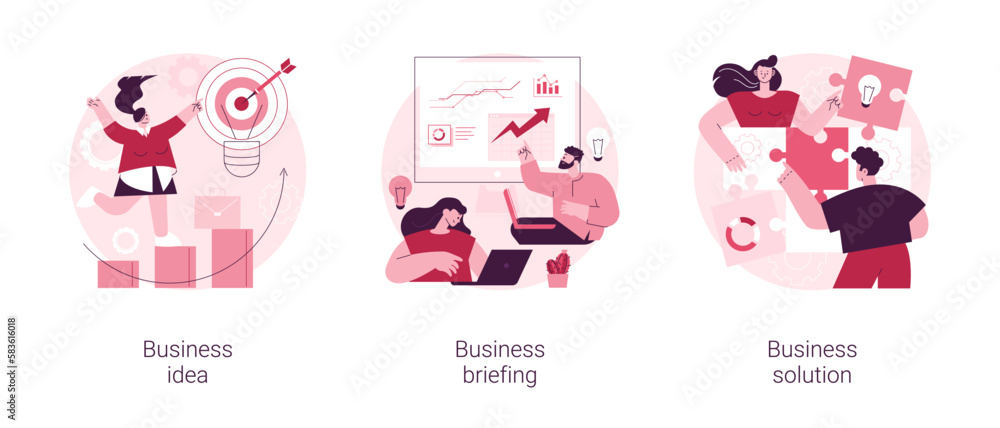 Poster business plan development abstract concept vector illustration set. business idea, briefing and team