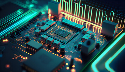 close up of a computer circuit board with neon lights