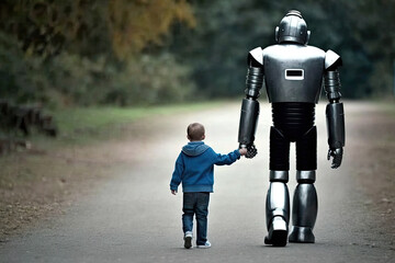 Giant robot and child walking together. Best friends. Friendship between artificial intelligence and people. Created with Generative AI
