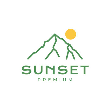 Green High Hill Peak Mount Sunset Afternoon Line Minimal Logo Design Vector