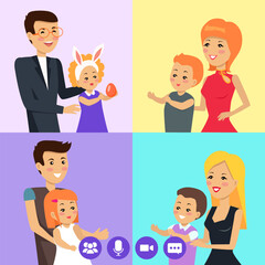 Family video conference meeting, remote communication. Distance chatting, video call. Program for virtual intercommunication, teamwork. People talking during collective discussion, conference