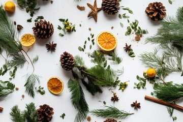 Fototapeta na wymiar Background banner Christmas and the New Year. White background with green Christmas tree branches, pine cones, and slices of dry orange used as New Year's decor. Lay flat. Generative AI