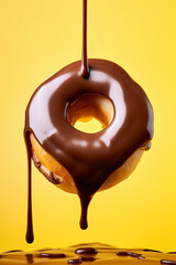 Chocolate Drizzled Donut on Yellow Background - Generative AI technology