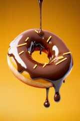 Chocolate Drizzled Donut on Yellow Background - Generative AI technology
