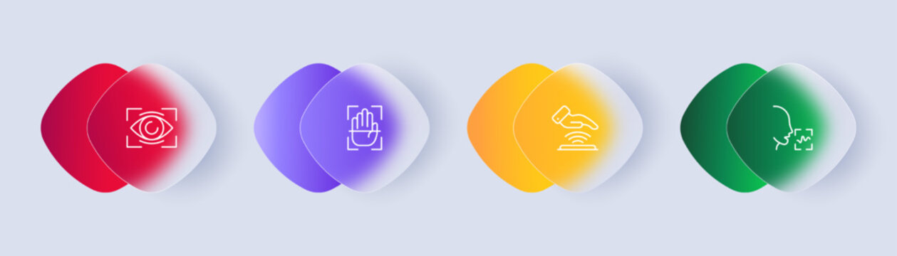 Biometric Set Icon. Face ID, Face And Speech Recognition, Fingerprint, Palm, Naya, Verification. Authentication Concept. Glassmorphism Style. Vector Line Icon For Business And Advertising