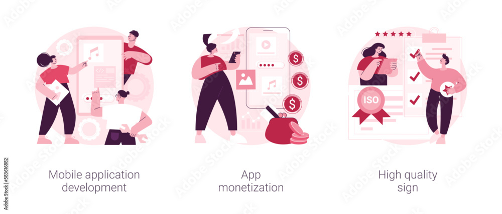 Poster frontend software abstract concept vector illustration set. mobile application development, app mone