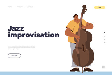 Jazz improvisation landing page design template with cartoon man contrabassist playing double bass