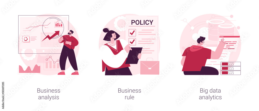Poster it project management abstract concept vector illustration set. business analysis and big data analy