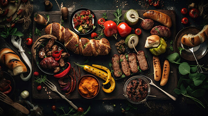 Collage of various grilled meat and vegetables. Generative Ai