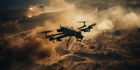 Fototapeta na wymiar Military reconnaissance drone over war zone by generative AI