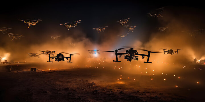 Military drone swarm over war zone by generative AI