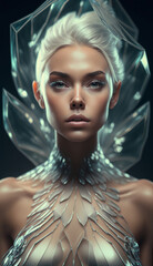 Glamorous portrait of a beautiful girl in a trendy crystal outfit. Princesses and queens of different nations and times. Created using generative artificial intelligence.