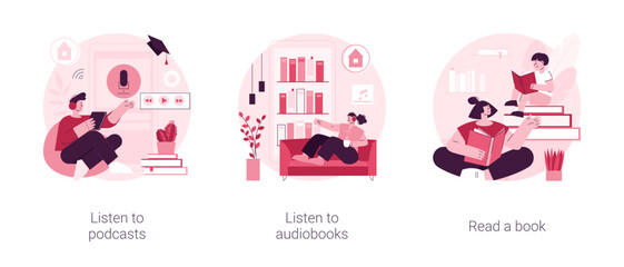 Free time while coronavirus quarantine ideas abstract concept vector illustration set. Listen to podcasts or audiobooks, read a book with children, audio programmes, home library abstract metaphor.